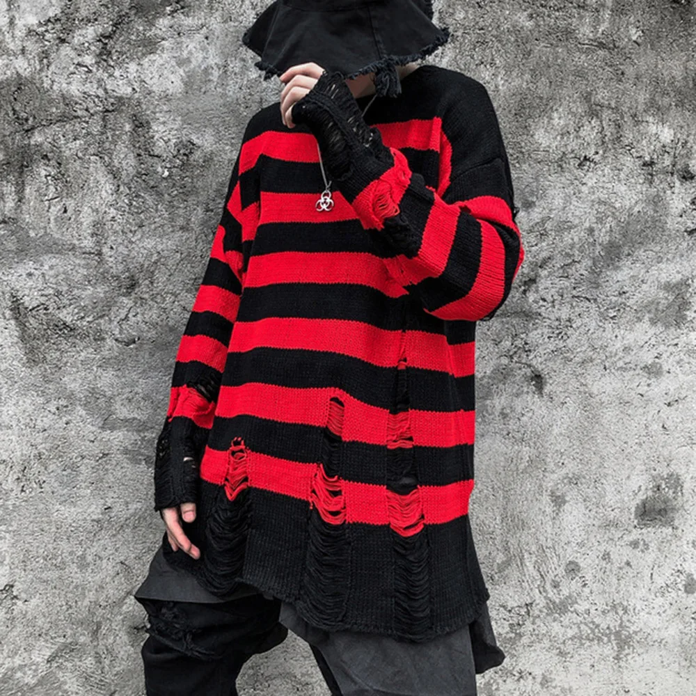 

Bellaza Red Black Couple Ripped Knitted Sweater Women 2020 Street Wear Casual Loose Sweater Pullover Hip Hop Goth Autumn Tops