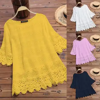 

Women Tops and Blouses Bohemian Embroidery Shirt ZANZEA 2020 Summer Sexy Hollow Out Tops Female Casual Cotton Blusas Solid Tunic