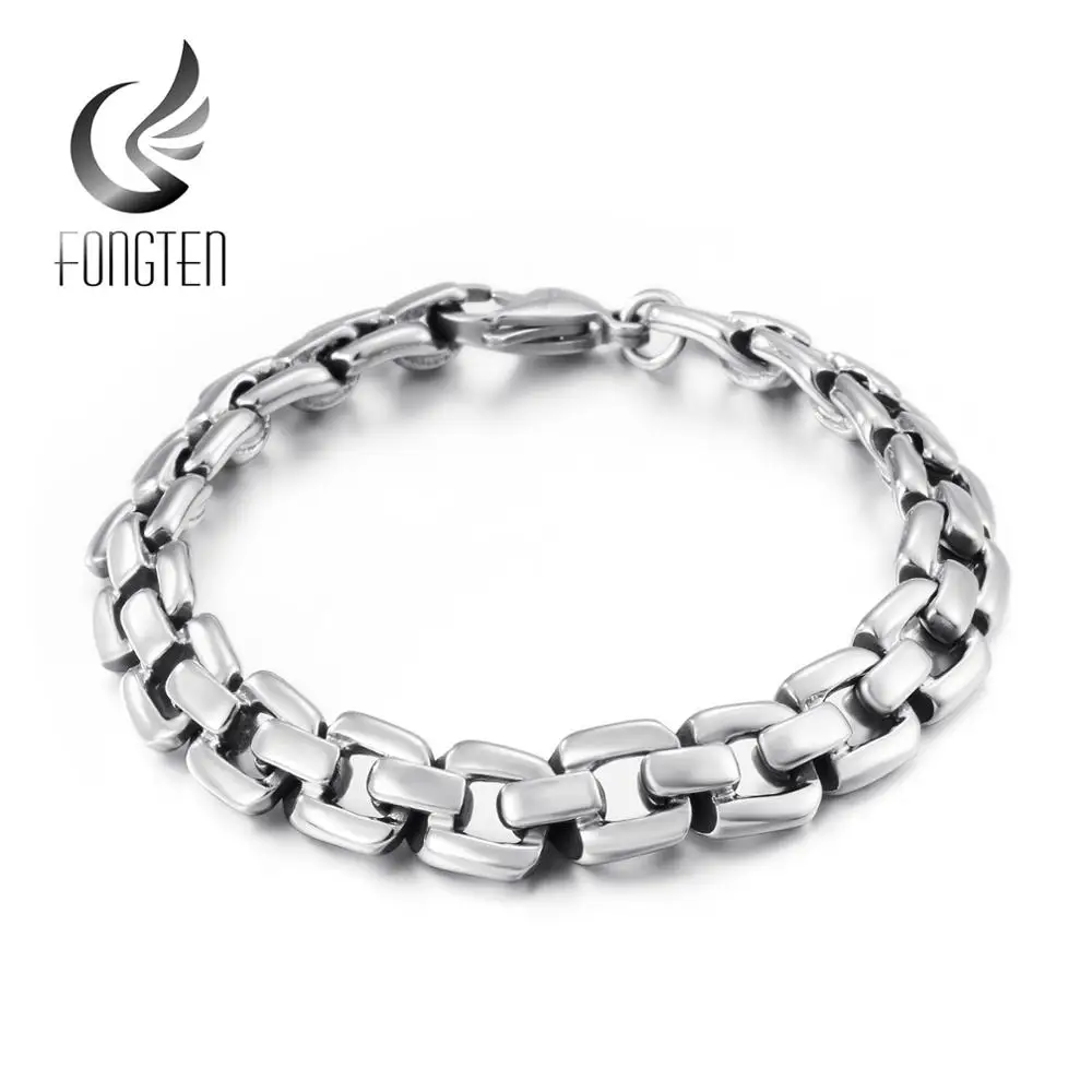 Fongten ретро серебряный мужской браслет из нержавеющей стали Панк Снаряженная кубинская Rombo звено цепи браслеты ювелирные изделия