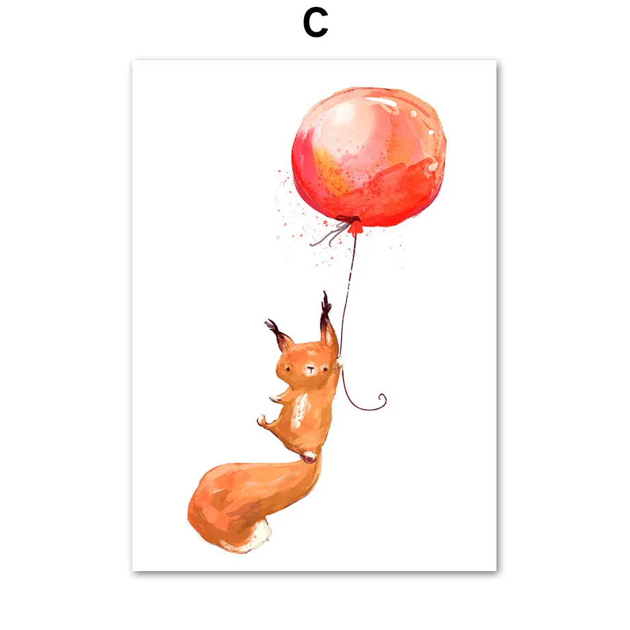 Воздушный шар лиса кролик мышь Ежик мультфильм скандинавские плакаты и принты настенные художественные картины на холсте настенные картины для детской комнаты декор - Цвет: C