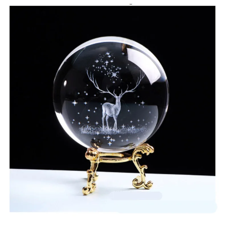 60/80mm Elk Crystal Ball Globe 3D Inner Carving Moose Quartz Glass Ball Deer Model Sphere Glass Globe Home Decor - Цвет: with Metal base