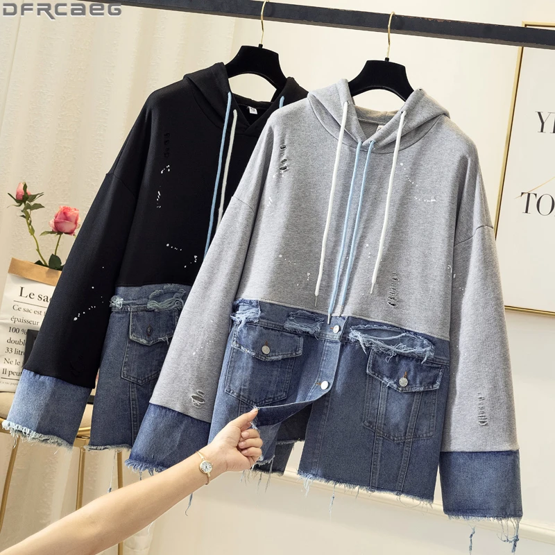 

5XL Harajuku Plus Size Oversized Denim Jacket Women Black Gray Hoodies Sweatshirt Patchwork Jeans Jackets Loose Autumn Overcoat