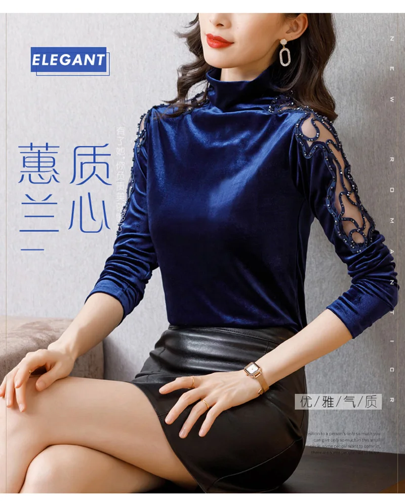 New 2020 Autumn winter woman tshirts Korean fashion slim high neck velvet t-shirt embroidered long sleeve bottoming shirt