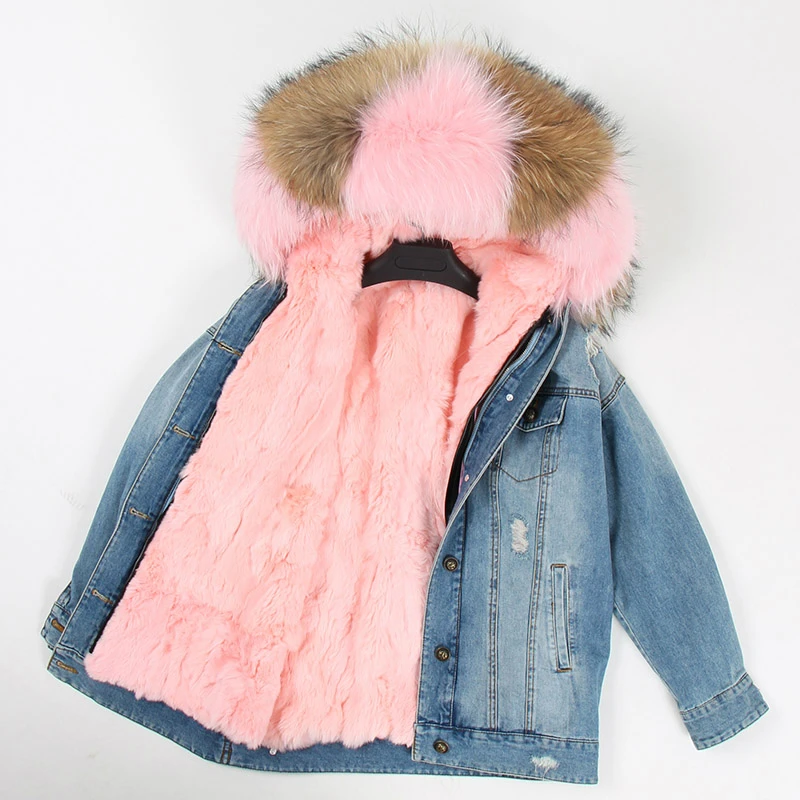 Discount OFTBUY 2019 Winter Jacket Women Real Fur Coat Parka Real raccoon collar Rex Rabbit liner striped bomber Denim jacket Streetwear 14