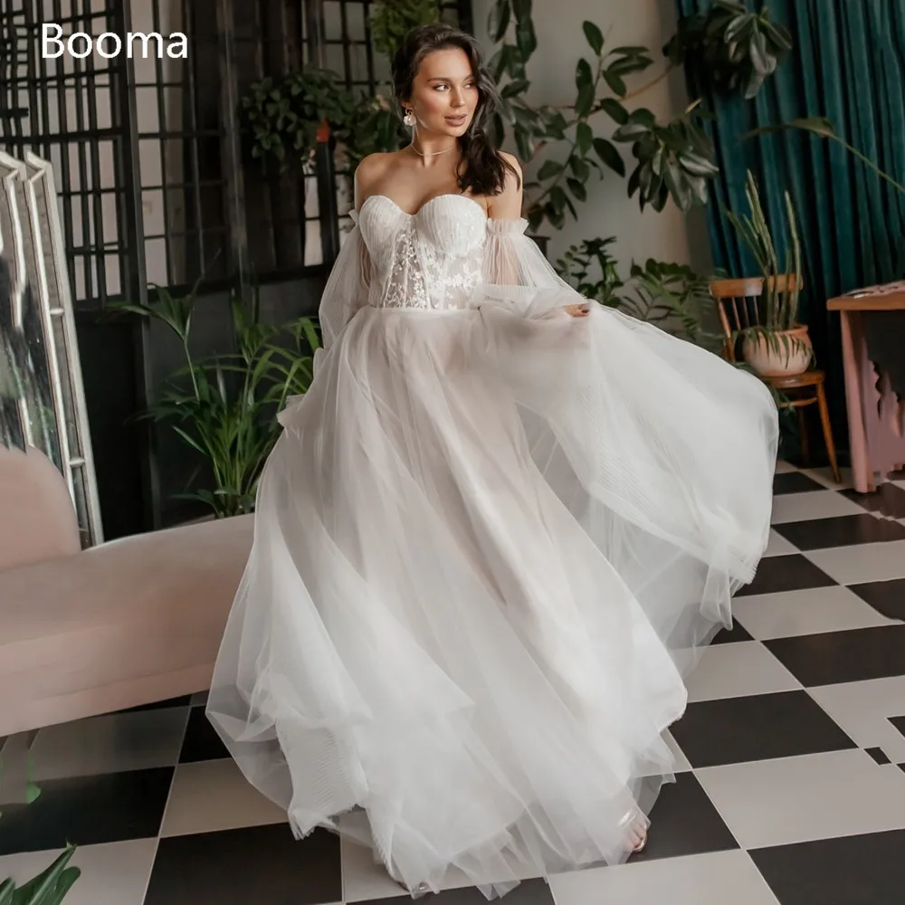 

Simple Ivory Beach Wedding Dresses Off Shoulder Long Sleeves A-Line Bride Dresses Open Back Lace Top Crumpled Tulle Wedding Gown