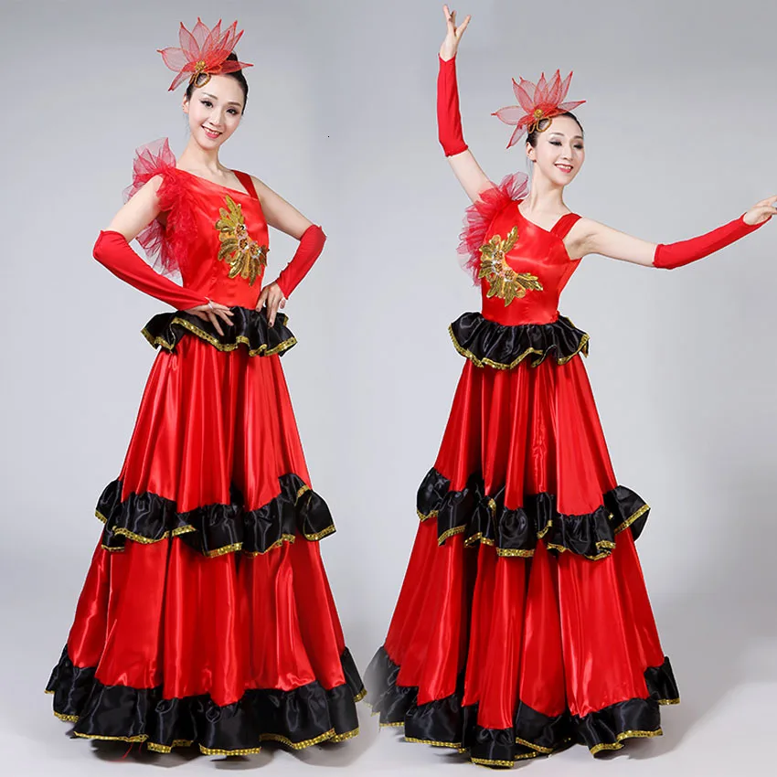 180-720 Degree Adult Female Dress Red Long Flamenco Skirt Performance Spanish Bullfighting Dance Big Swing Skirt Costumes