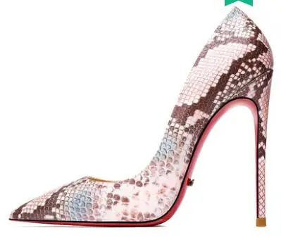Женские туфли-лодочки на высоком тонком каблуке с красной подошвой и острым носком пикантные Вечерние туфли на высоком тонком каблуке под змеиную кожу с закрытым носком; большие размеры 34-43 - Цвет: pink and blue 12cm