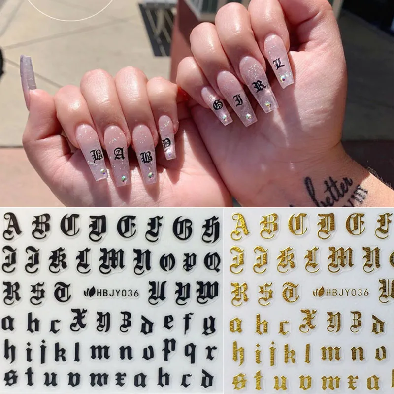 Nail Art 3D Decal Stickers Alphabet Letters White Black Gold Acrylic