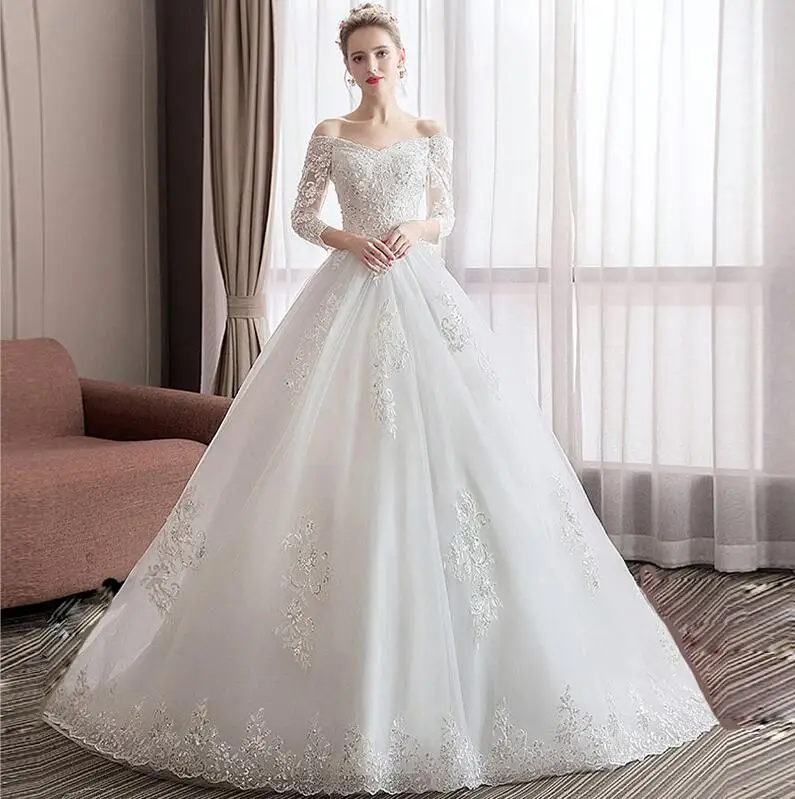 floor length no tail Свадебное платье принцессы с рукавом три четверти, вырез лодочкой роскошный платья со шлейфом, кружевное женское свадебное платье, платье знаменитостей - Цвет: floor length no tail