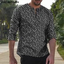 Осенняя Повседневная рубашка в горошек для мужчин с длинным рукавом шикарная блуза на пуговицах с v-образным вырезом Camisa ретро классические рубашки для мужчин Уличная одежда INCERUN