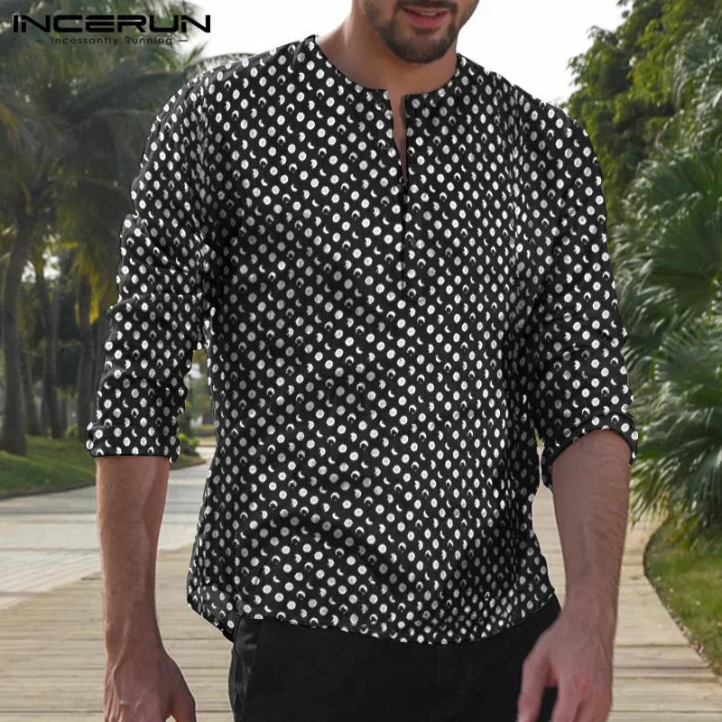 

Autumn Polka Dot Casual Shirt Men Long Sleeve 2019 Chic V Neck Button Blouse Camisa Retro Classic Shirts Men Streetwear INCERUN