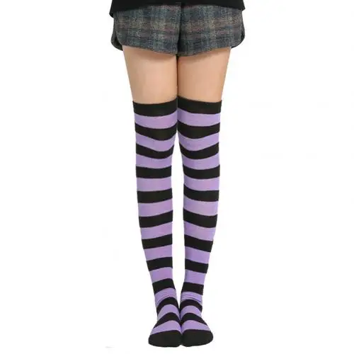 Purple Black New Fashion Stockings Sweet Women Stripe Thigh High Over The Knee Stockings Stretch Long Cosplay Girls Womens Female Lovely Gift - Цвет: Purple Black