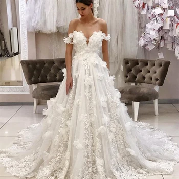 

Princess 3D Flowers Sweetheart Off the Shoulder Court Train Applique A Line Wedding Dreses Модное свадебное платье