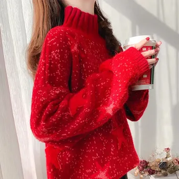 

Autumn Winter Women Knitted Half Turtleneck Sweaters Pullovers Casual Long Sleeve Loose Sweater Pull Femme