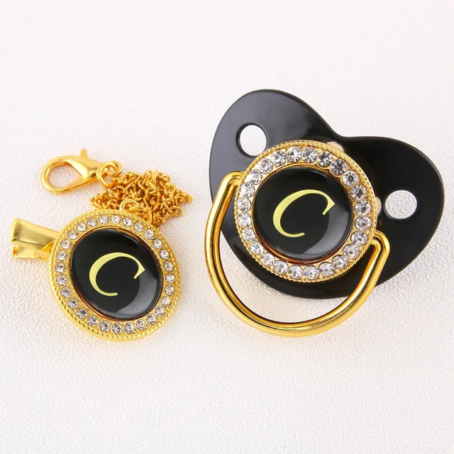 Luxury Black Bling Baby Pacifier And Clip Alphabet Letter M Infant Pacifier Gold Letter Unique 26 Name Initials Baby Shower Gift C