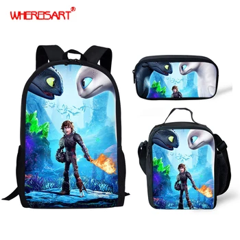 

WHEREISART How to Train Your Dragon School Bags Set Bookbags for Teenage Boys 3pcs Primary Backpack with Lunch Box Pencil Bags