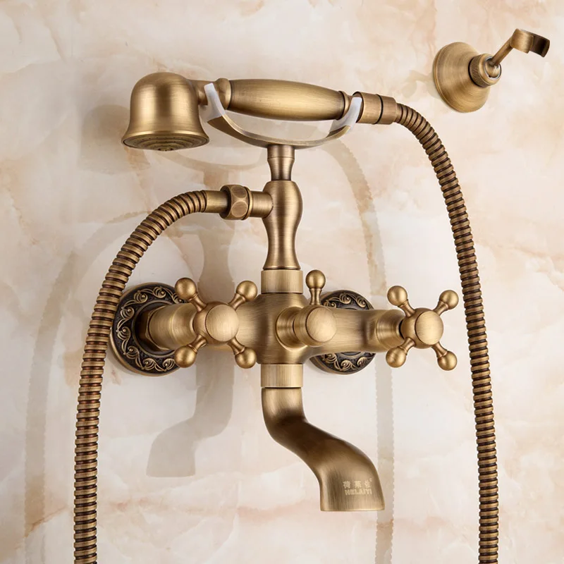 IMPEU настенный с двумя ручками ванна, смеситель с ручным душа, ручной душ кронштейн, Античная бронзовая отделка - Цвет: Faucet with Bracket