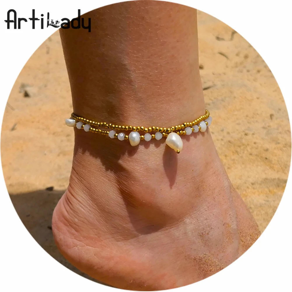 

Artilady Simple Delicacy Acrylic Beads Alloy Anklet Women's Double Layer Pearl Pendant jiao shi pin Beach Ankle Ring
