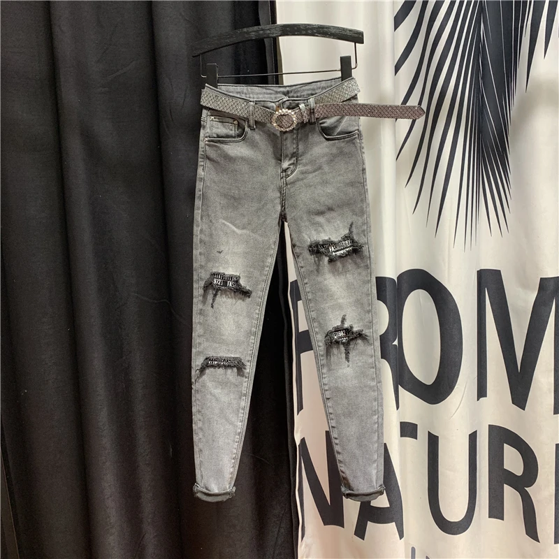 

Holes Skinny Pencil Pants Women's 2020 Spring New Style Fashion Slim Fit Denim Jeans Ladies Grey Jeans for Women Jeansy Damskie