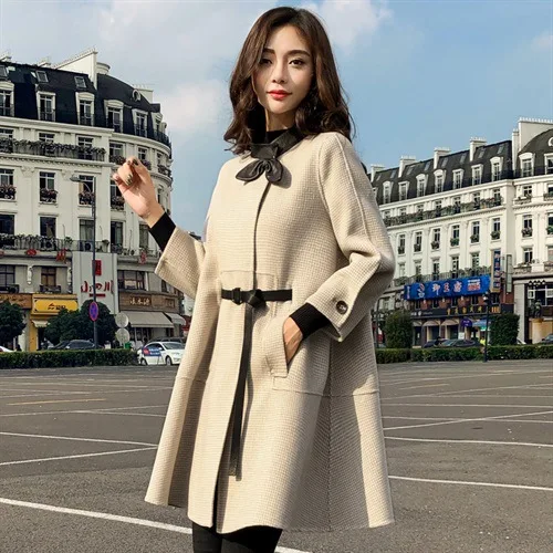 

Cloak Woolen Jacket Women's Mid-length 2019 Autumn & Winter New Style Popular Short-height Thousands of Birds Woolen Overcoat Fa