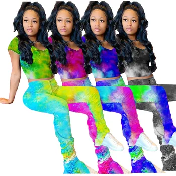 

Tie-Dye 2 Piece Set Summer Women Two Piece Set Crop Top And Stacked Pants Sets Fashion Club Outfits Plus Size Festival Clothing