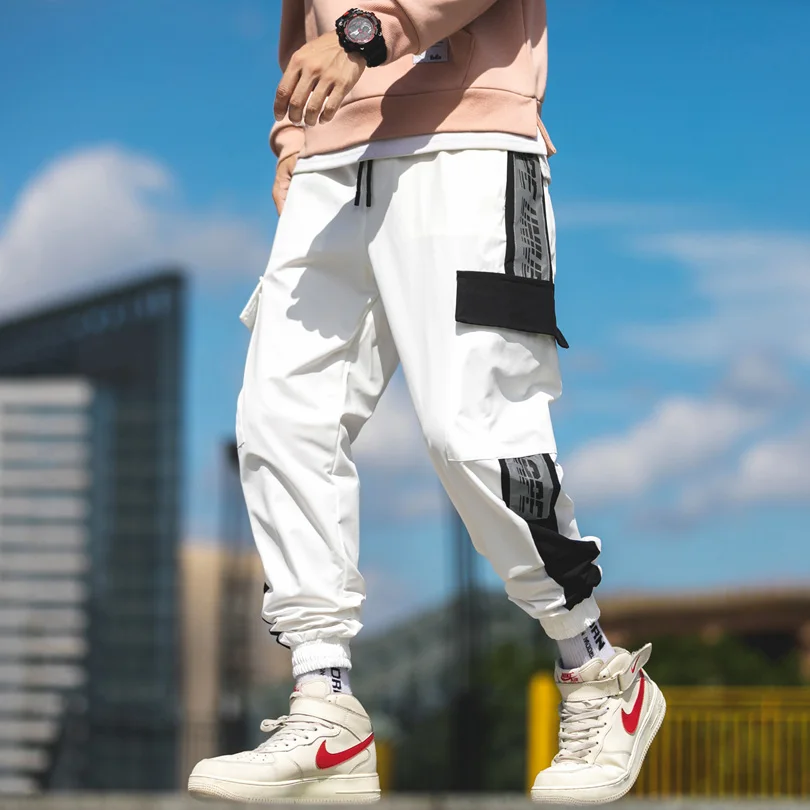BINHIIRO, весенние новые мужские брюки карго, хлопок, полиэстер, в стиле хип-хоп, средняя длина, с карманами, мужские брюки, черный, серый, хаки - Цвет: white - A896