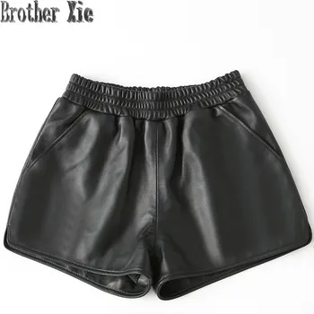 

New Genuine Leather Wide Leg Shorts Women 100% Sheepskin Real Leather Shorts Casual Sexy Ladies Loose High Waist Black Shorts