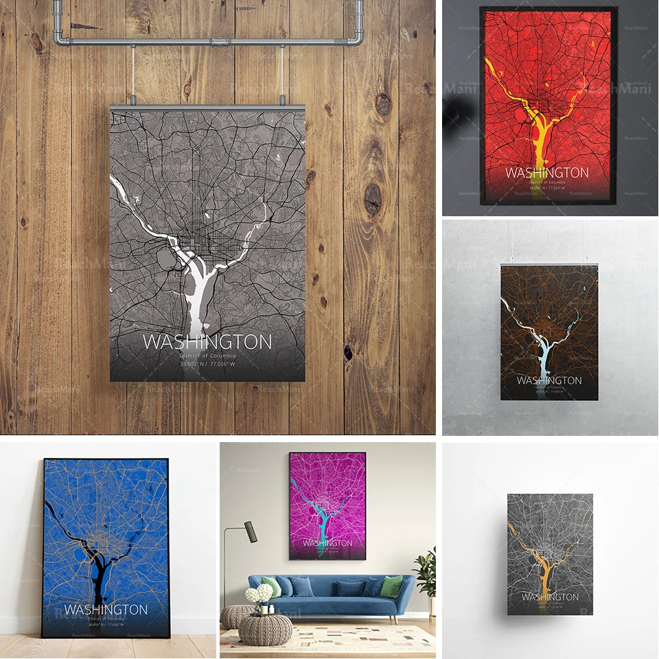 Affiche Imprimée De Carte De Ville De Washington/Éseed De Colombia/Diffénoles Tailles Et Modèles De Concezione