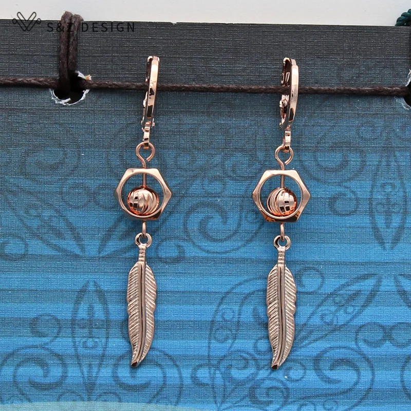 S&Z DESIGN New Fashion 585 Rose Gold Color Feather Dangle Earrings For Women Girl Wedding Party Jewelry