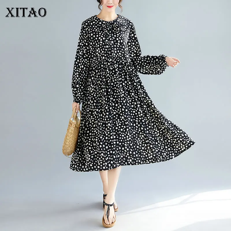 

[XITAO] Korea Fashion Female Mid-calf Dress Spring Summer New Casual Full Sleeve Peter Pan Collar Broken Flowers Dress LYH3166