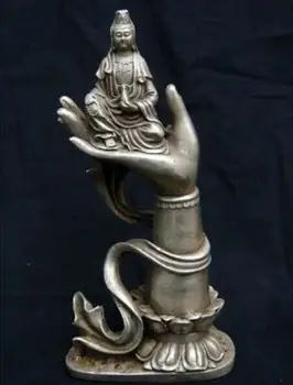 

Elaborate Buddhist Tibetan Silver Kwan-Yin Buddha Sitting in Hand StatuE