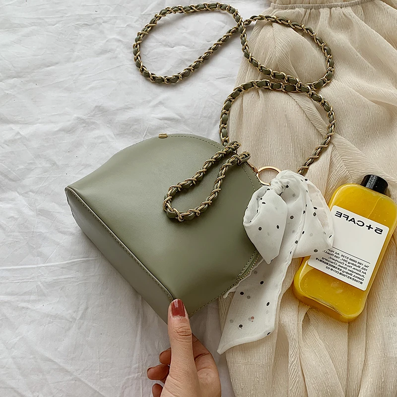 Green New Fashion Shell Bag With Silk Ribbon Chain Shoulder Bag Solid Color Handbags Women Small Crossbody Bags - Color: Green