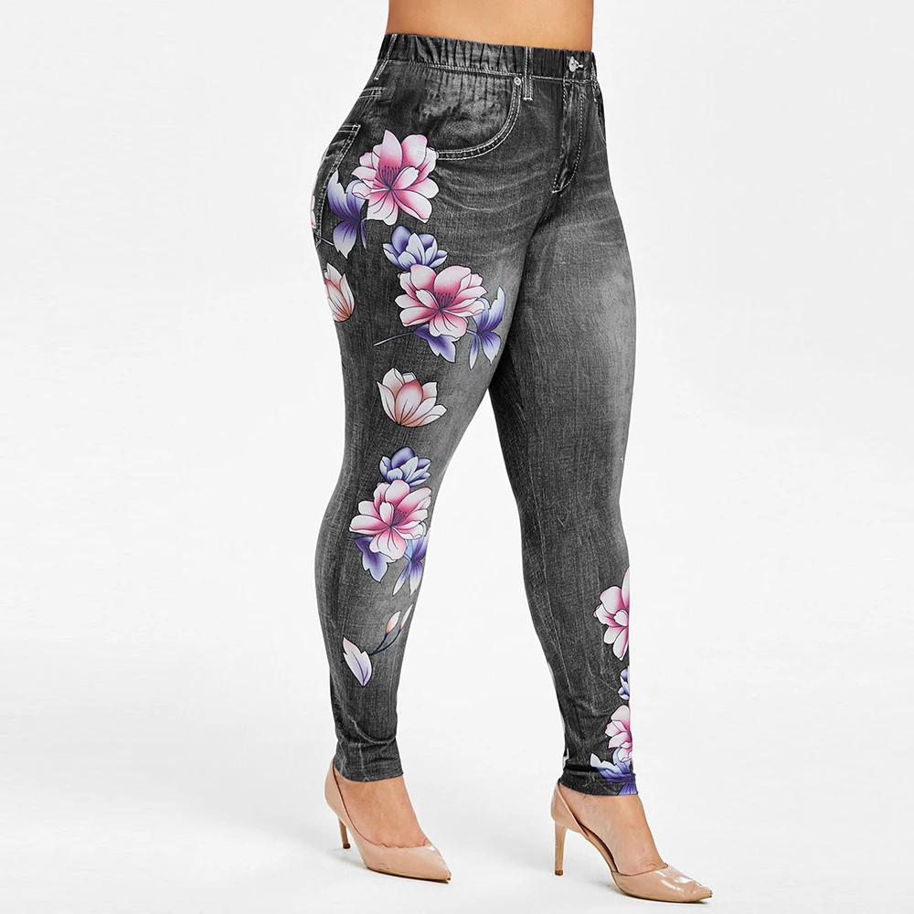 Imitation Denim Pants Women Large Size Flower Print Skinny Jeans for Woman Fashion Lady Mid Waist Jean Pencil Trousers D30