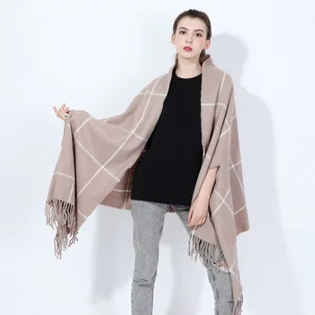 

New Simple Grid Imitation Cashmere Scarf Web Celebrity Shawl Scarf Dual Knitting Cuff Design