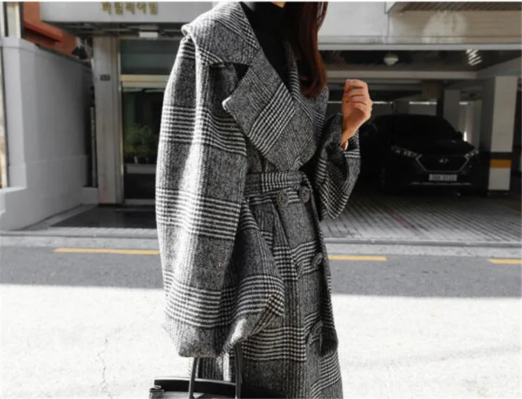 Новое осенне-зимнее шерстяное пальто в клетку для женщин X-long фонарь рукав большой размер шерстяная куртка женская утолщенная Свободная верхняя одежда A2903