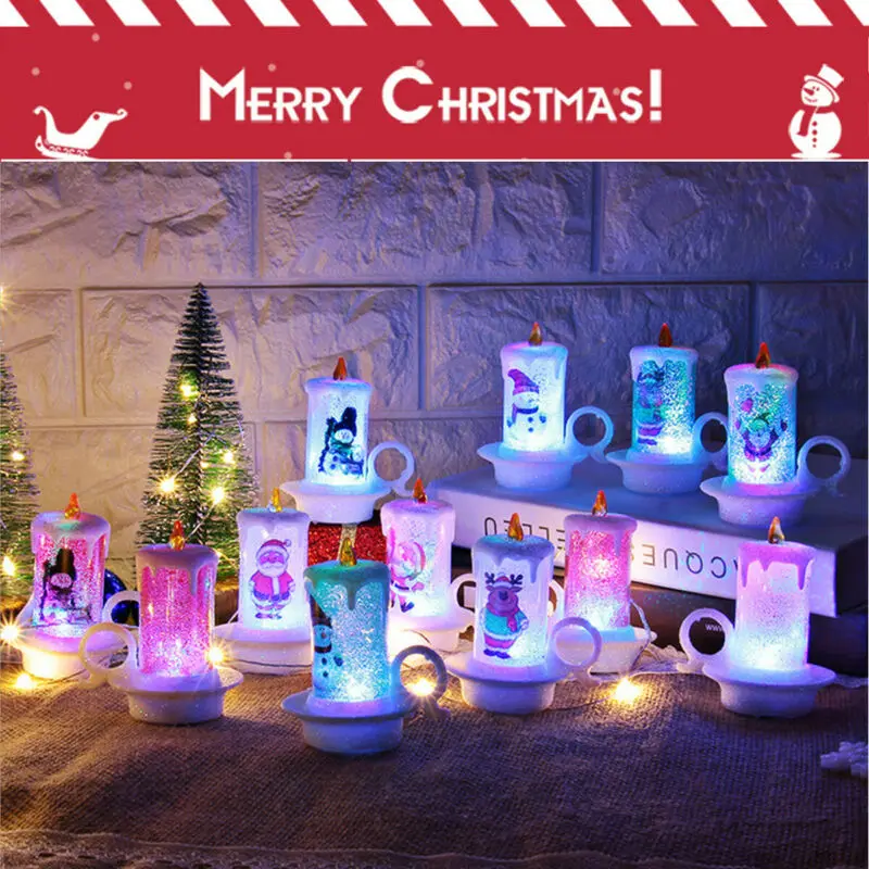 

Led Candle Colour Changing Flickering Light Up Glitter Ornament Xmas Decoration LED Electronic Candle Snowman Night Light