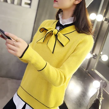 

2019 new women's wear, spring dress, bow tie, shiny sweater, Korean version, loose short, sweet, knitted Jersey.