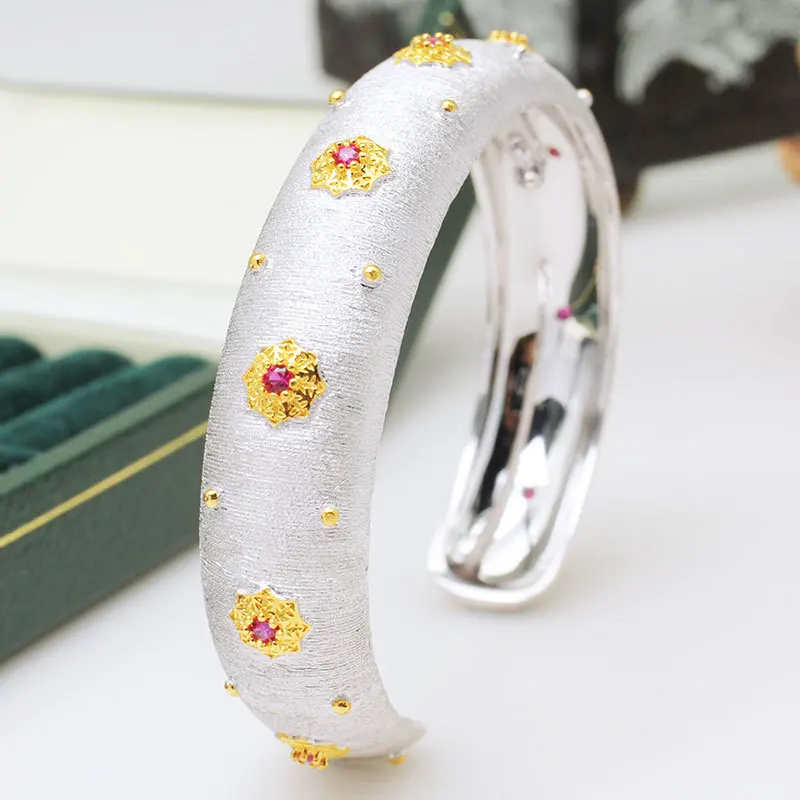 

CMAJOR 925 Solid Sterling Silver Red Stone Two-tone Open Cuff Bangle Bracelet Handmade Fine Jewelry for Women