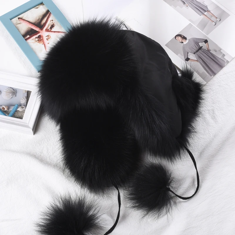 Women's Raccoon Fur Hats With Leather Tops Ear Flaps Bomber Hats Russian Ushanka Outdoor Leifeng Fox Fur Caps - Цвет: (classic colors)