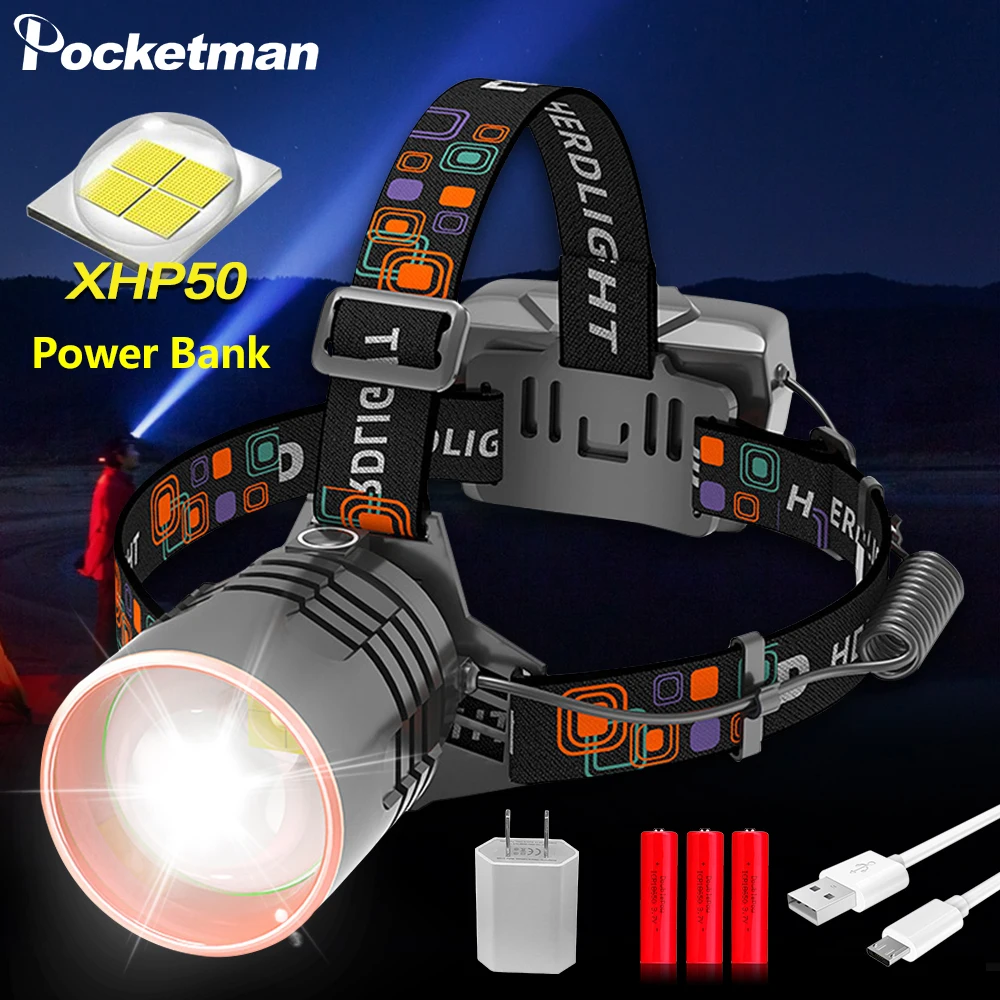 

Super bright XHP50 telescopic zoom headlamp USB rechargeable headlight 120Â° rotating head flashlight as power bank warning light