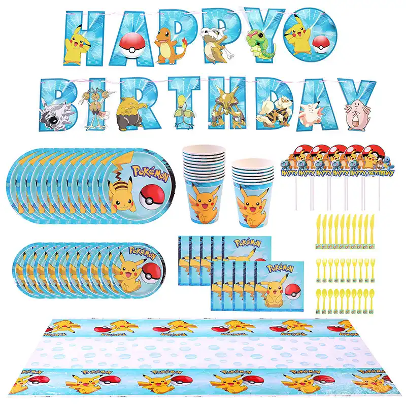 ポケモンピカチュウ男の子の誕生日パーティー用品使い捨て食器テーブルクロス紙コッププレートバルーン子入浴装飾セット パーティー用自作デコレーション Aliexpress