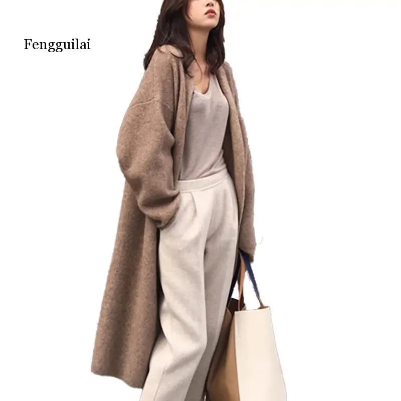Women Spring Autumn Elegant Solid Knitting Sweater Coats Female Lapel Long Coats Ladies Loose Casual Knit Cardigans