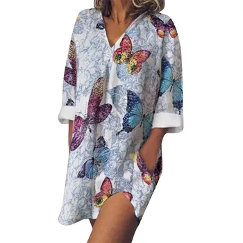 

Women's Maxi dress sundress MAXIORILL летнее платье V-neck Butterfly Flower Print Pocket beach Mini T-shirt dress #3/53