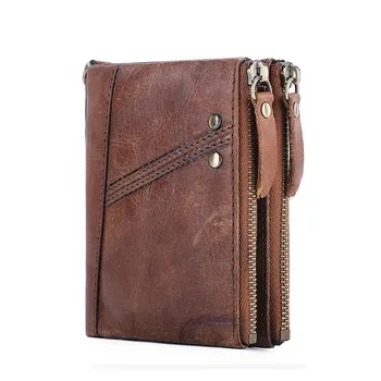 

100% Genuine Leather RFID Wallet Men Multifunct Double Zipper Vertical Wallets Fashionable casual coin purse Mini Walet Small