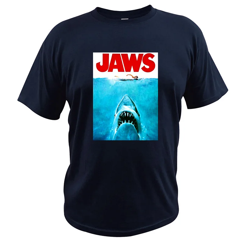 Футболка Jaws, Постер из фильма, хлопок, европейский размер, Ретро стиль, повседневная, крутая, мужская, высокое качество, футболка с принтом акулы - Цвет: Тёмно-синий