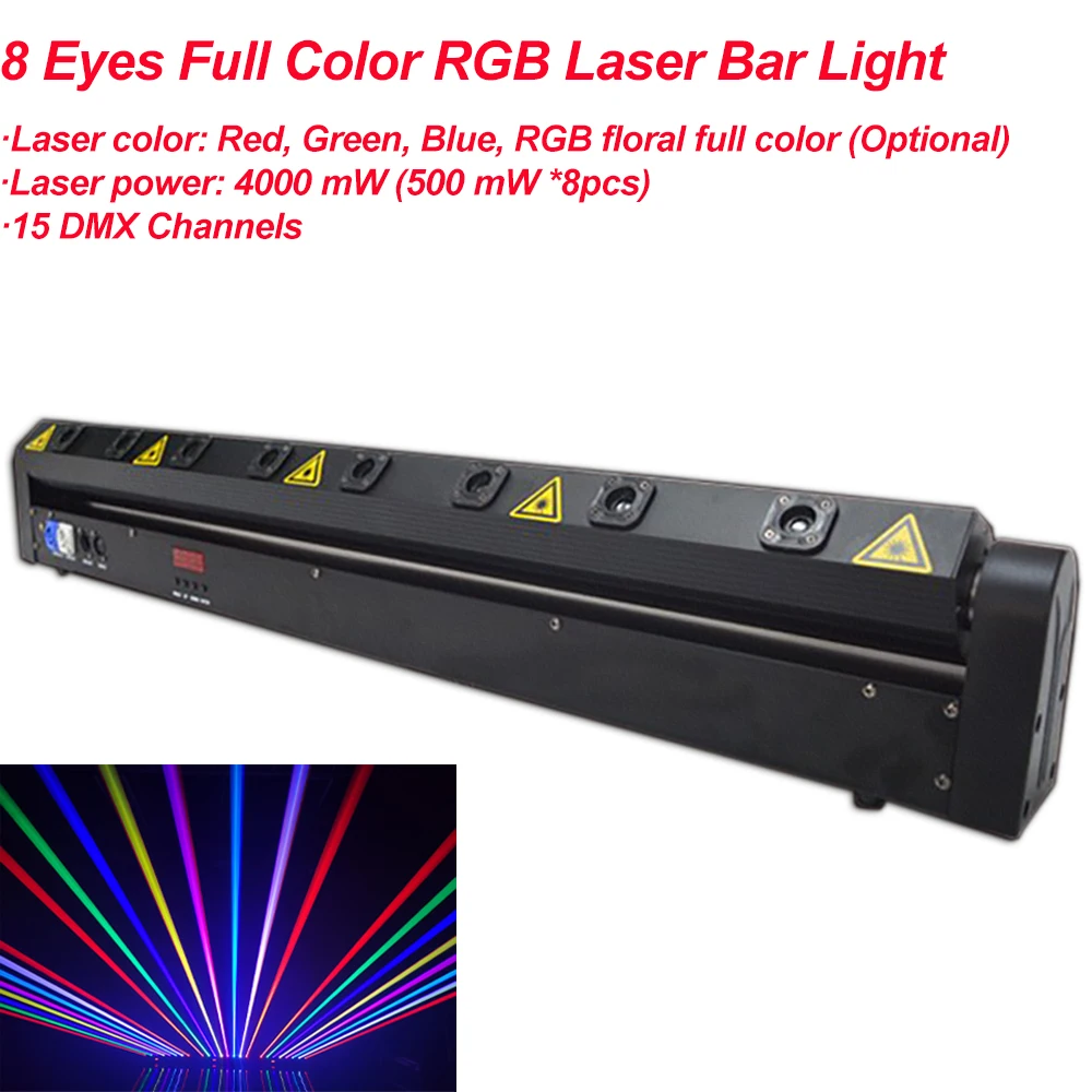 

8 Eyes Full Color RGB Rotating Voice Control Laser Bar Beam Stage Effect Lighting For DJ Disco Moving Head Projector DMX Control