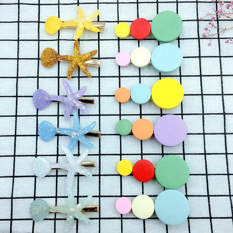 

12 Pcs 6.5cm Mixed Color Included 6 Pcs Wood dot Hairpins And 6 Pcs Acrylic Starfish Hair Clips For Girls Cute Hair Accessories