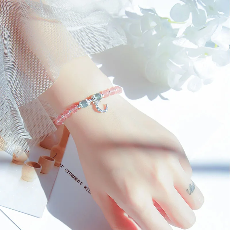 S925 Sterling Silver Moonstone Bracelets for Women Ladies Simple Sweet Strawberry Crystal Jewelry Star Moon Pendant Ornaments