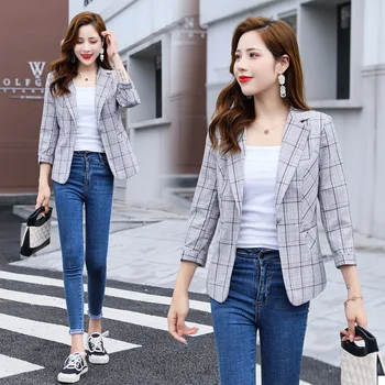 

Women's jacket 2019 autumn new casual fashion temperament slim slimming plaid single button small suit women's clothing