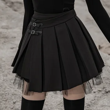 

PUNK RAVE Women PU Buckle Decorative Pleated Half Skirt Mesh Lotus Edge High Waist Irregular Hem Short Skirts